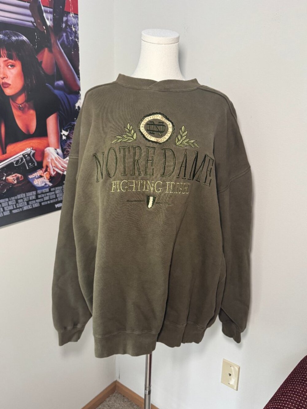 Retro University of Notre Dame Collegiate Embroidered Dark Green Crew Sweatshirt